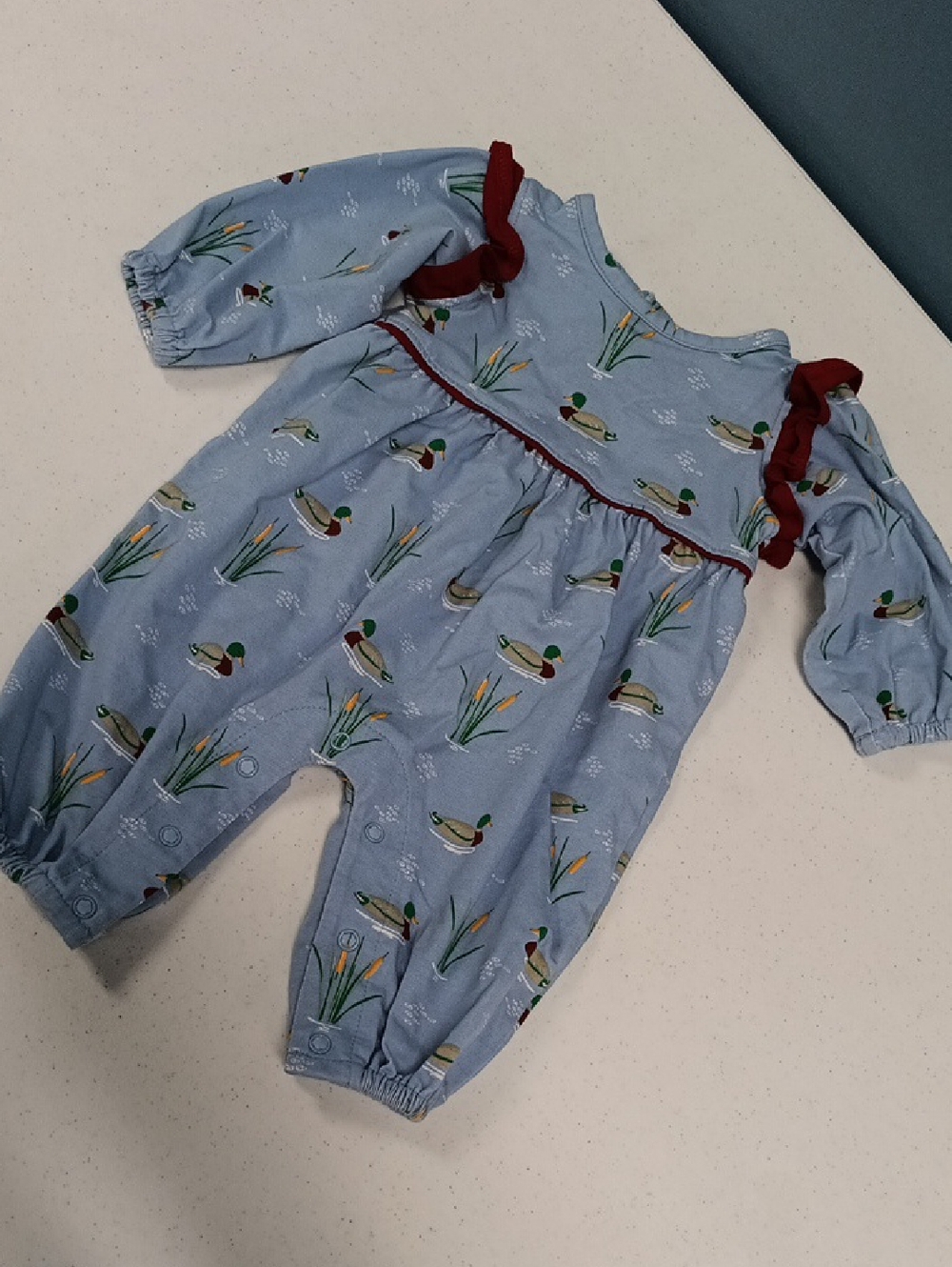 Baby Blue Duck Print One-Piece Bodysuit with Red Trim